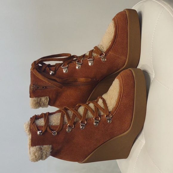 Jessica Simpson Maelyn Fleece Fur Leather Suede Wedge Lace Zip Up Heel Boots 8 M - Picture 1 of 8